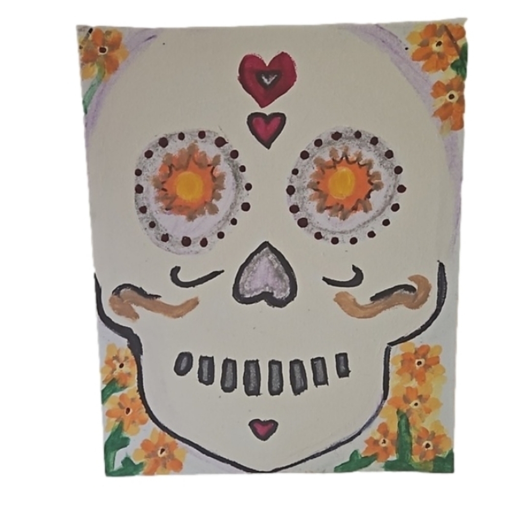 Hand Crafted unique acrylic painting modern art day of the death upcycled white